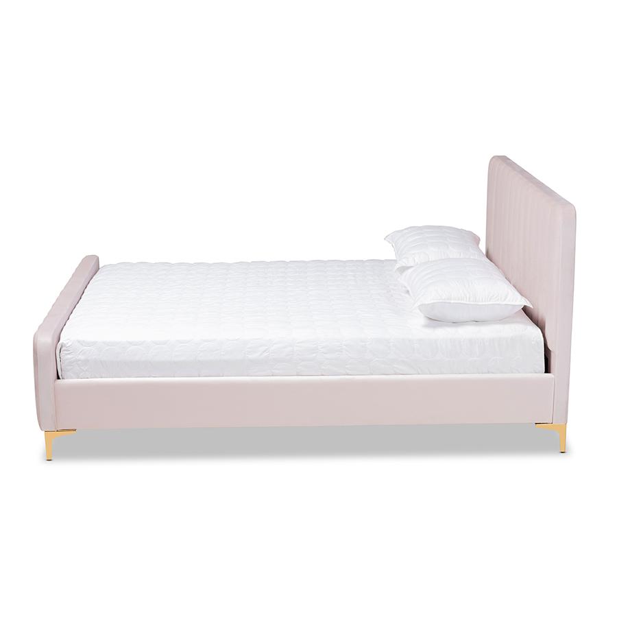 Nami Modern Contemporary Glam and Luxe Light Pink Velvet Fabric Upholstered and Gold Finished King Size Platform Bed. Picture 2