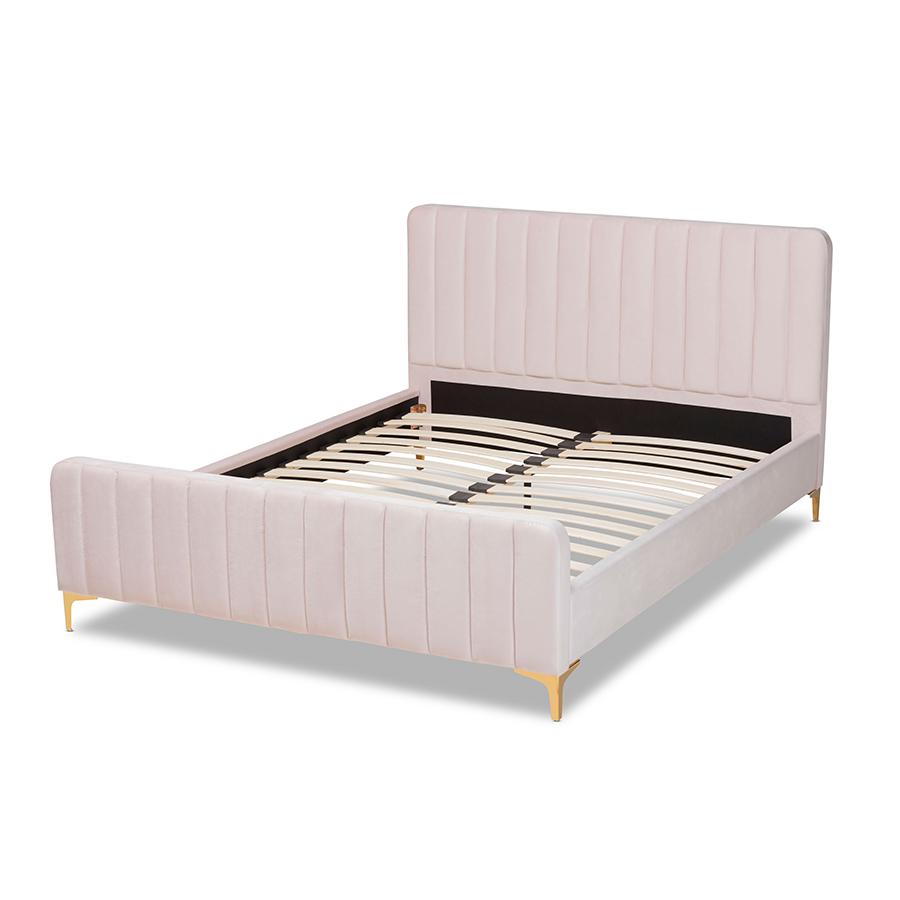 Nami Modern Contemporary Glam and Luxe Light Pink Velvet Fabric Upholstered and Gold Finished King Size Platform Bed. Picture 3