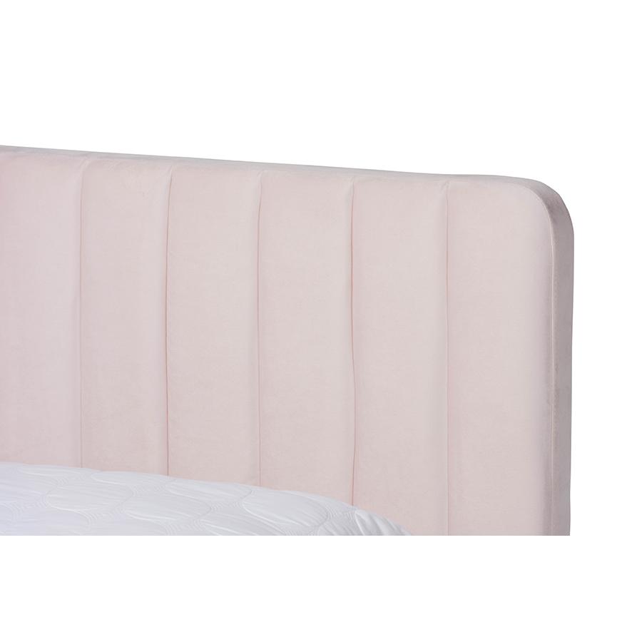 Nami Modern Contemporary Glam and Luxe Light Pink Velvet Fabric Upholstered and Gold Finished King Size Platform Bed. Picture 4