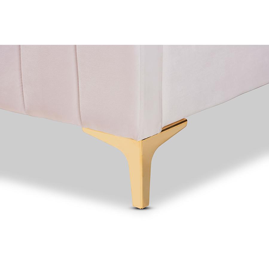 Nami Modern Contemporary Glam and Luxe Light Pink Velvet Fabric Upholstered and Gold Finished King Size Platform Bed. Picture 5