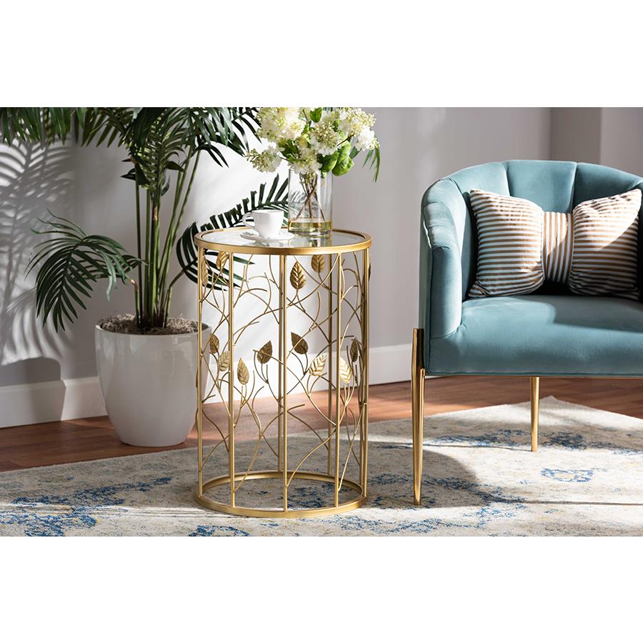 Glam Brushed Gold Finished Metal and Glass Leaf Accent End Table. Picture 15