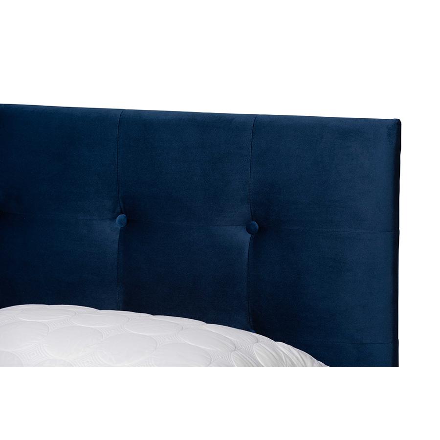 Glam Navy Blue Velvet Fabric Upholstered Queen Size Panel Bed. Picture 4