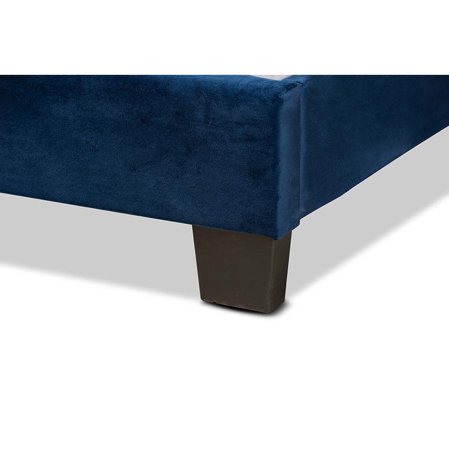 Glam Navy Blue Velvet Fabric Upholstered Queen Size Panel Bed. Picture 5