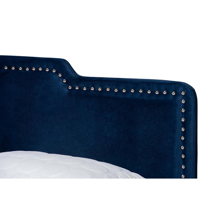 Glam Navy Blue Velvet Fabric Upholstered Queen Size Panel Bed. Picture 4
