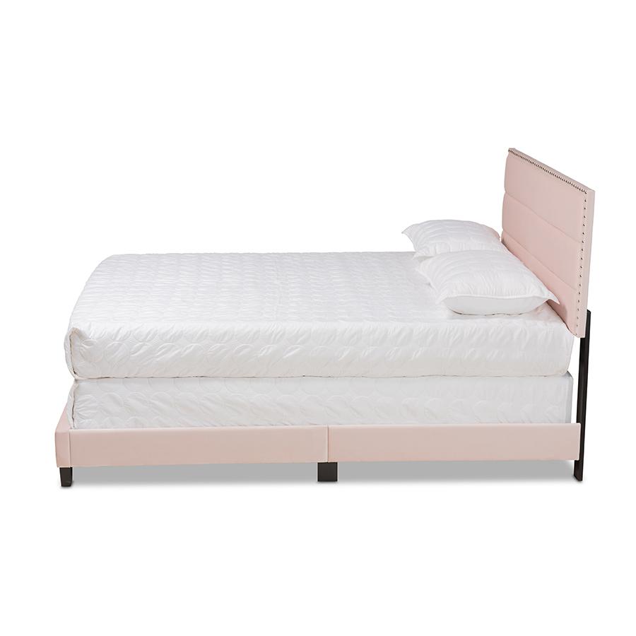 Glam Light Pink Velvet Fabric Upholstered Queen Size Panel Bed. Picture 2