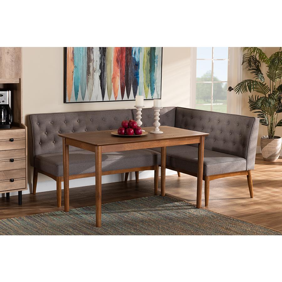 Grey Fabric Upholstered and Walnut Brown Finished Wood 3-Piece Dining Nook Set. Picture 21