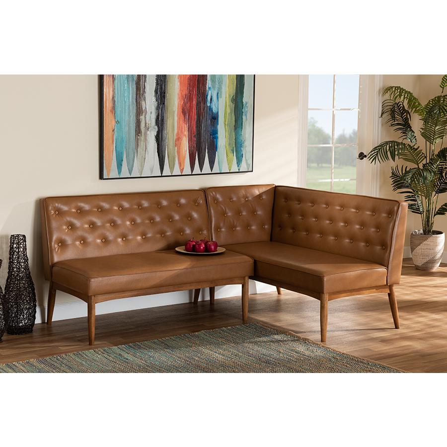 Leather Upholstered Walnut Brown Finished Wood 2-Piece Dining Nook Banquette Set. Picture 17