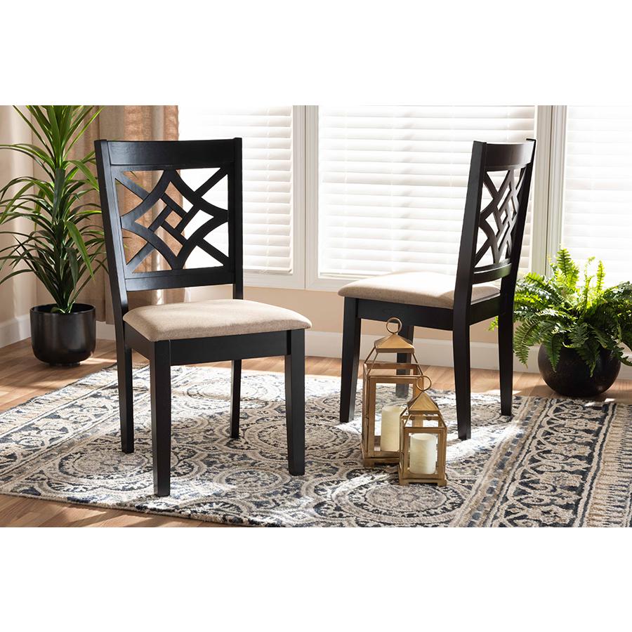 Sand Fabric Upholstered and Dark Brown Finished Wood 2-Piece Dining Chair Set. Picture 17
