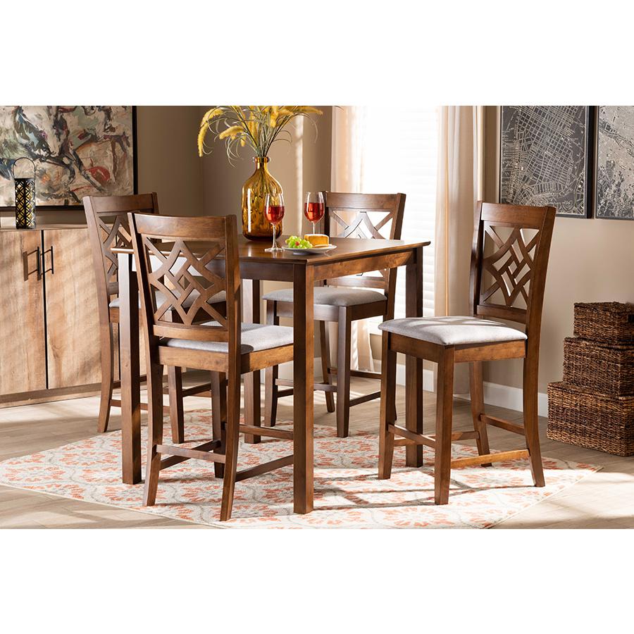 Grey Fabric Upholstered and Walnut Brown Finished Wood 5-Piece Pub Set. Picture 19