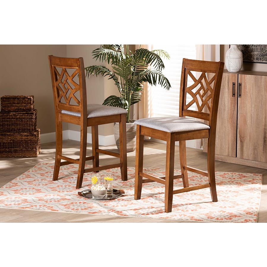 Grey Fabric Upholstered and Walnut Brown Finished Wood 2-Piece Counter Stool Set. Picture 17