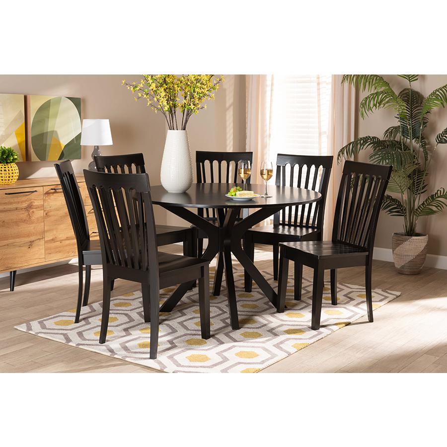 Zora Modern and Contemporary Dark Brown Finished Wood 7-Piece Dining Set. Picture 19