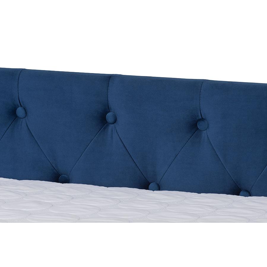 Navy Blue Velvet Fabric Upholstered Queen Size Daybed with Trundle. Picture 6