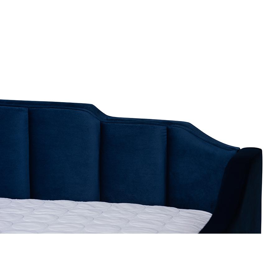 Navy Blue Velvet Fabric Upholstered Queen Size Daybed with Trundle. Picture 6