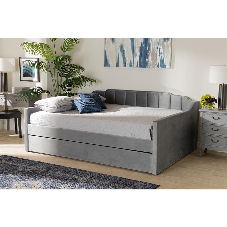 Grey Velvet Fabric Upholstered Full Size Daybed with Trundle. Picture 23