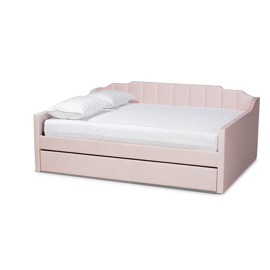 Pink Velvet Fabric Upholstered Queen Size Daybed with Trundle. Picture 1