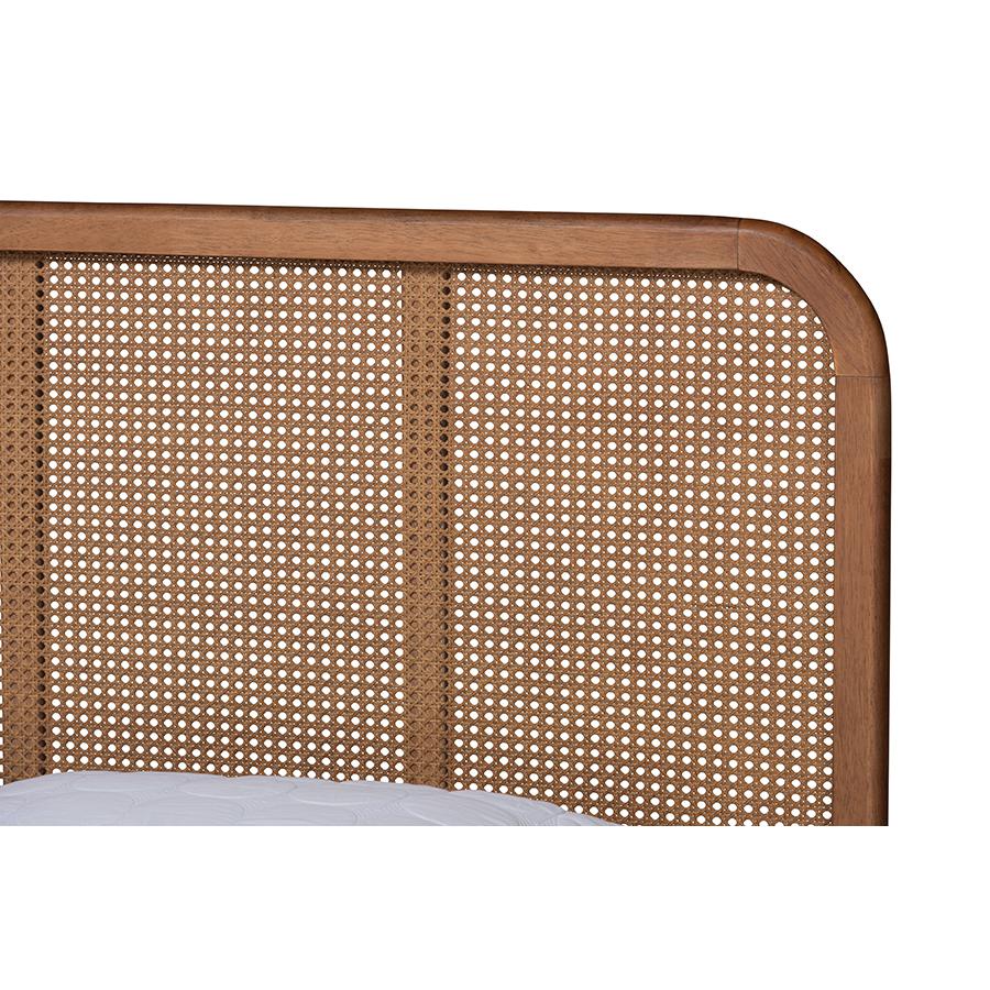 Walnut Brown Finished Wood and Synthetic Rattan Queen Size Platform Bed. Picture 4