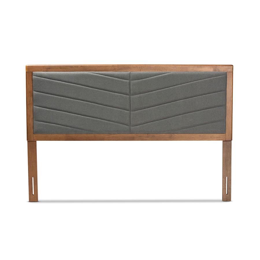 Dark Grey Fabric Upholstered and Walnut Brown Finished Wood King Size Headboard. Picture 2