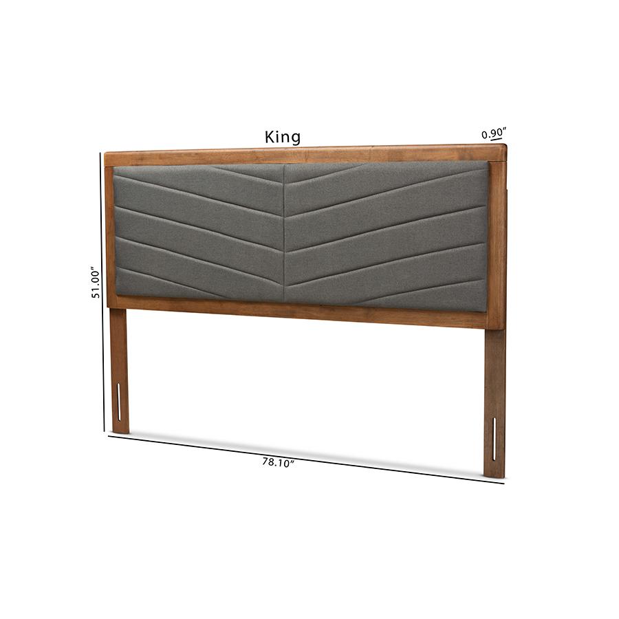 Dark Grey Fabric Upholstered and Walnut Brown Finished Wood King Size Headboard. Picture 8