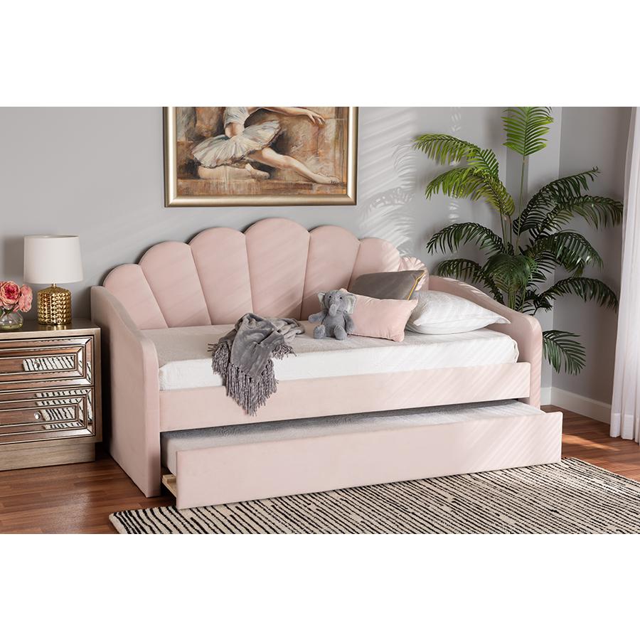 Light Pink Velvet Fabric Upholstered Twin Size Daybed with Trundle. Picture 10