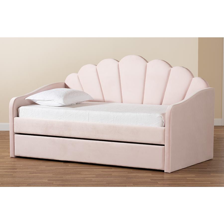 Light Pink Velvet Fabric Upholstered Twin Size Daybed with Trundle. Picture 11