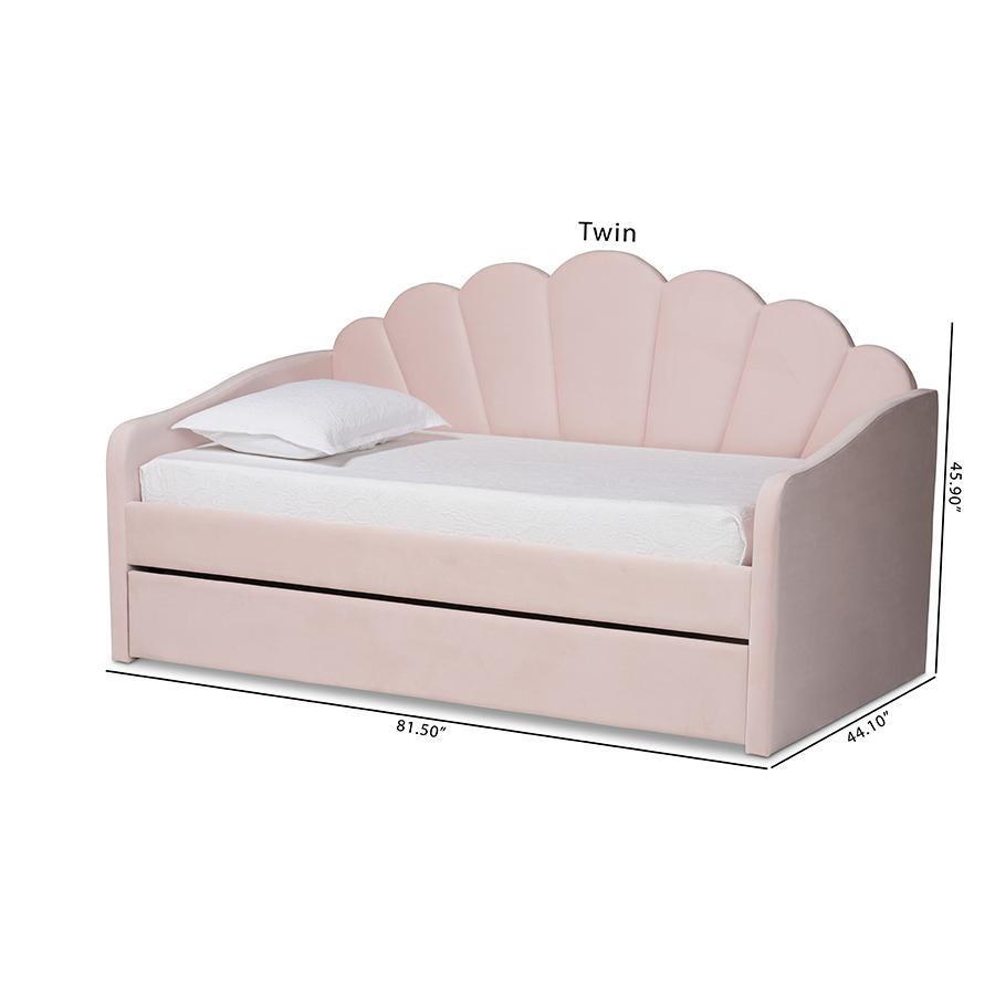 Light Pink Velvet Fabric Upholstered Twin Size Daybed with Trundle. Picture 12