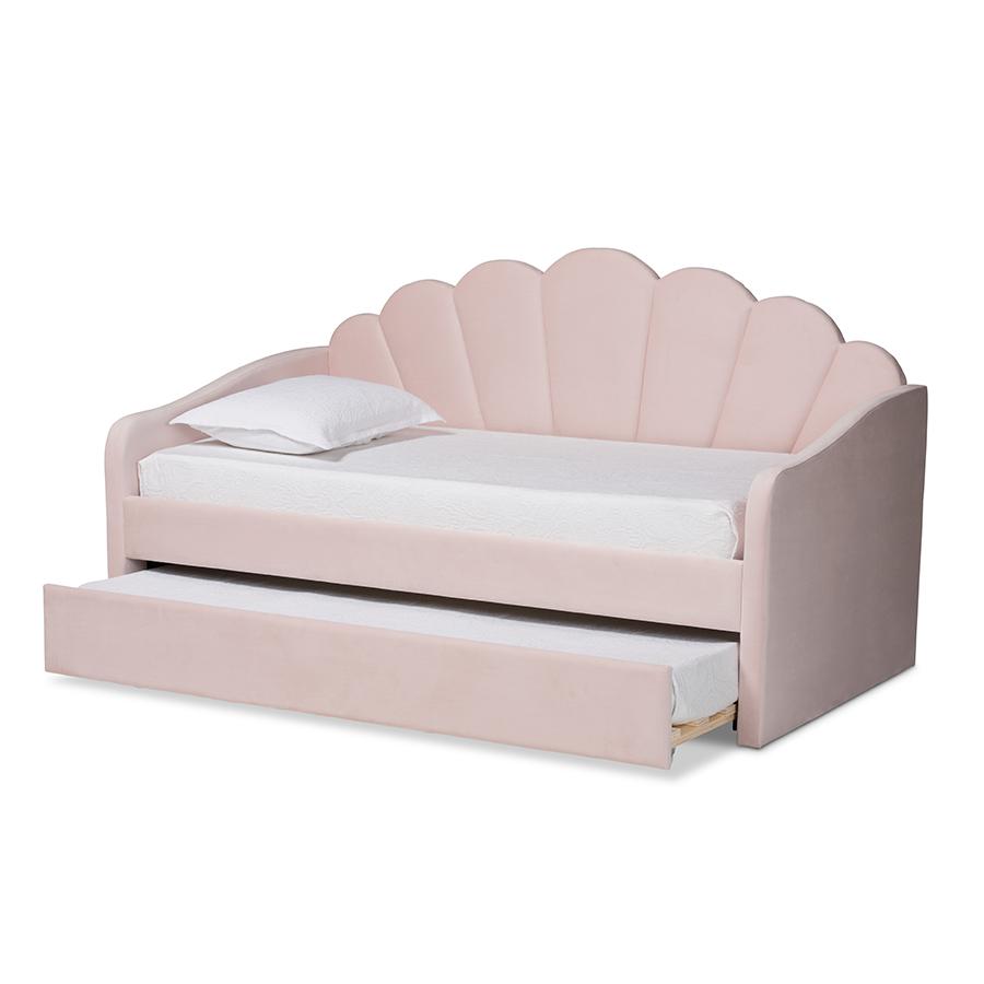 Light Pink Velvet Fabric Upholstered Twin Size Daybed with Trundle. Picture 2