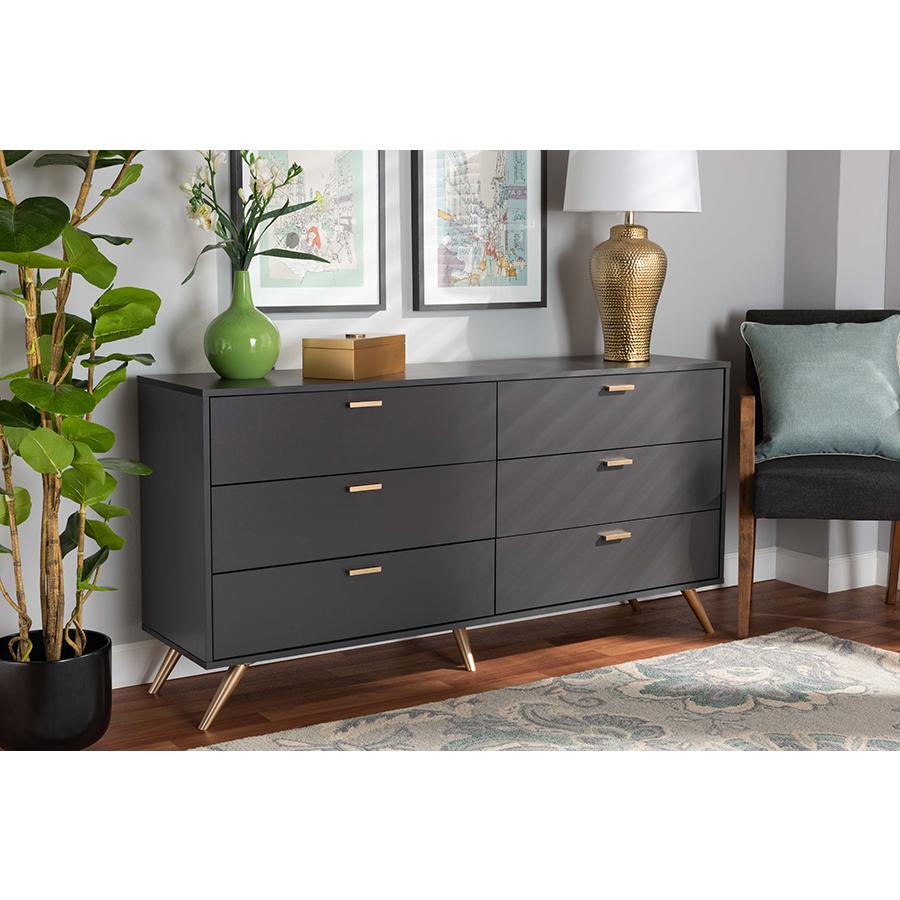 Kelson Modern and Contemporary Dark Grey and Gold Finished Wood 6-Drawer Dresser. Picture 21