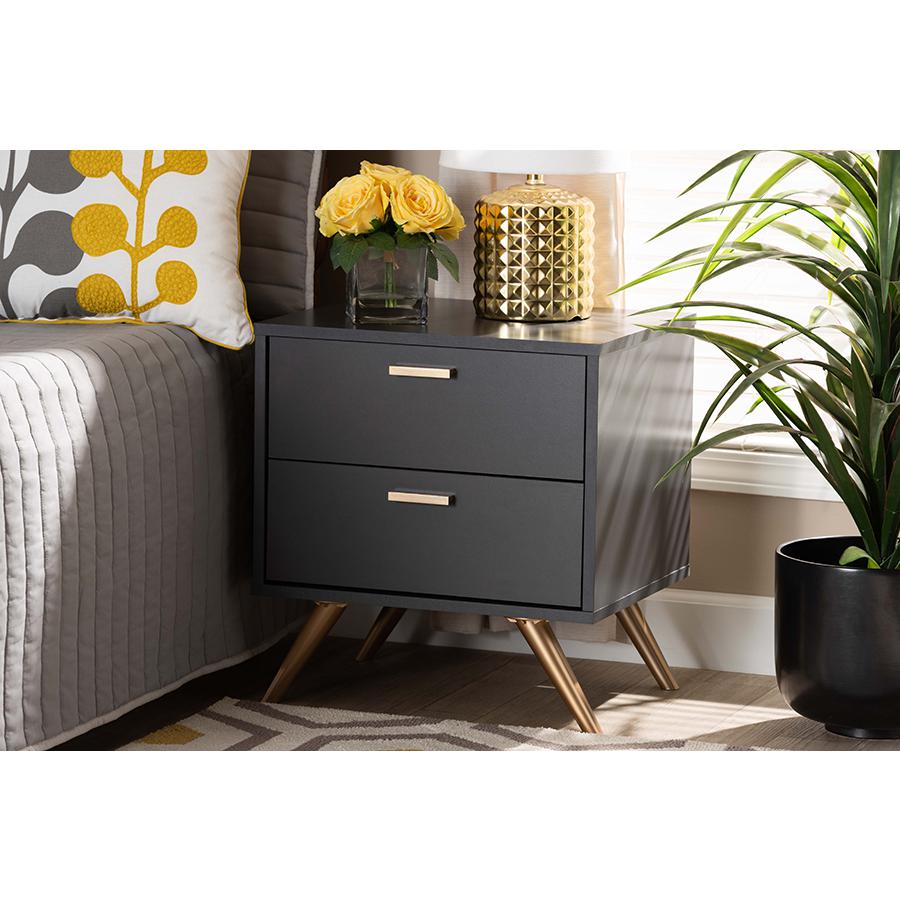 Dark Grey and Gold Finished Wood 2-Drawer Nightstand. Picture 21