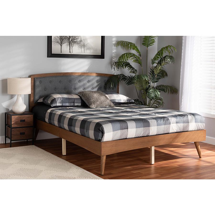 Baxton Studio Ratana Mid-Century Modern Transitional Grey Fabric Upholstered and Walnut Brown Finished Wood Queen Size Platform Bed. Picture 6
