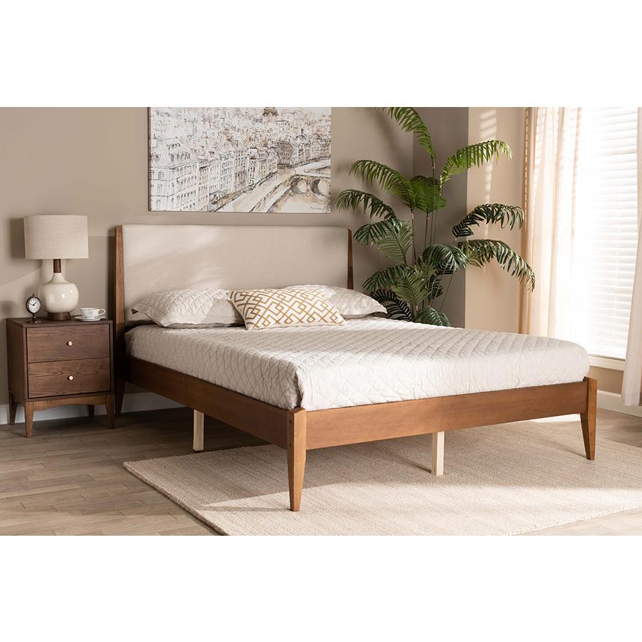 Beige Fabric Upholstered and Walnut Brown Finished Wood Full Size Platform Bed. Picture 23