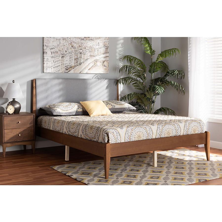 Grey Fabric Upholstered and Walnut Brown Finished Wood King Size Platform Bed. Picture 23