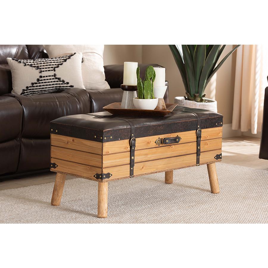 Dark Brown PU Leather Upholstered and Oak Finished Wood Large Storage Ottoman. Picture 24