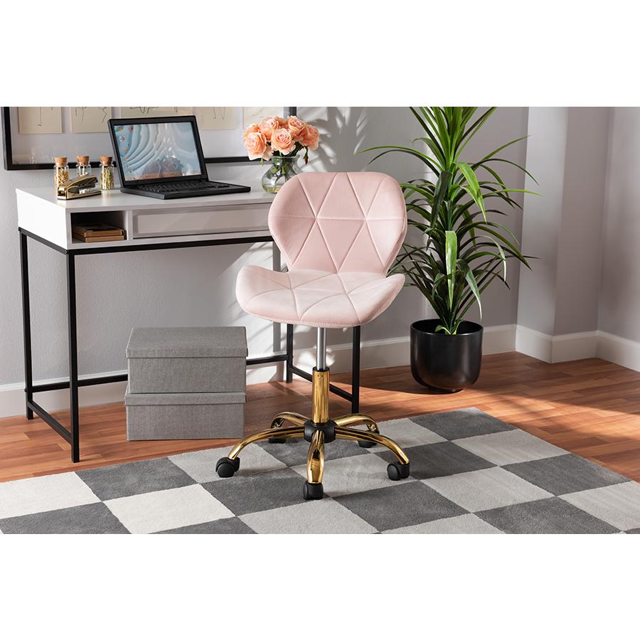Glam and Luxe Blush Pink Velvet Fabric and Gold Metal Swivel Office Chair. Picture 27
