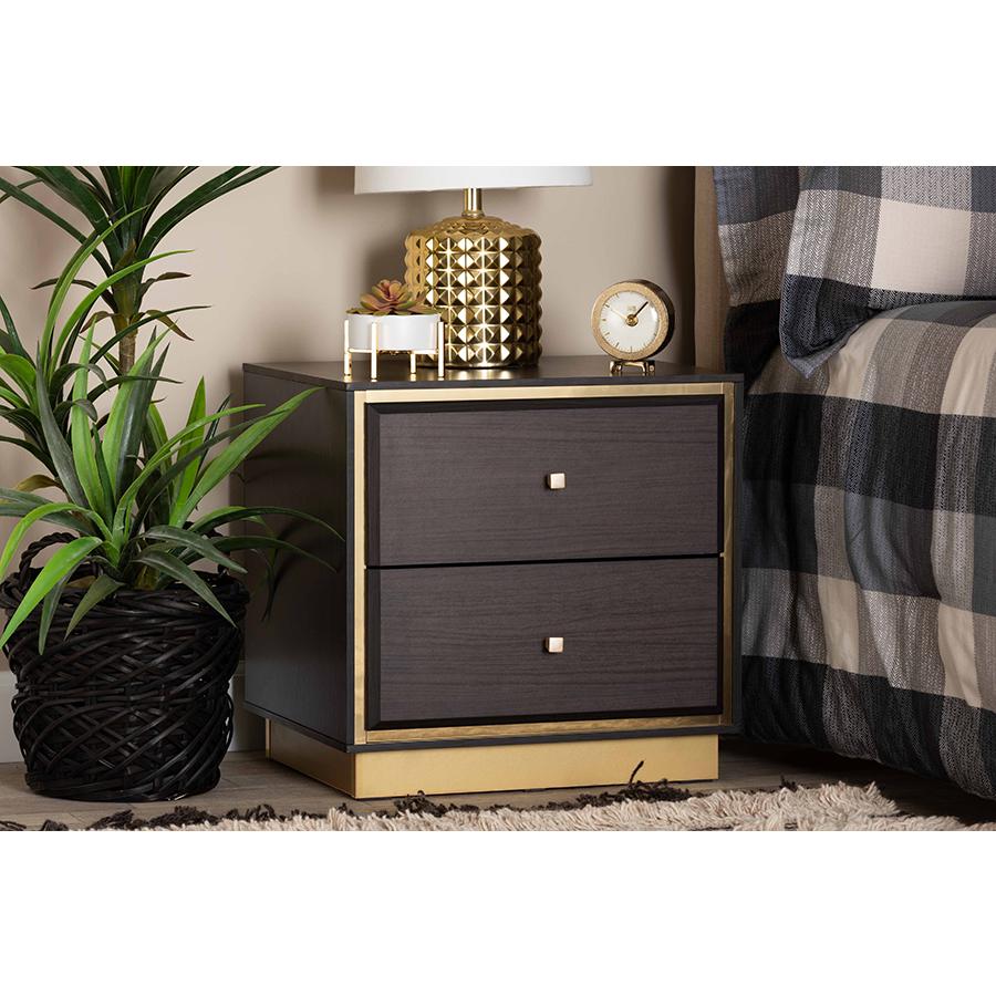 Transitional Dark Brown Finished Wood and Gold Metal 2-Drawer Nightstand. Picture 20
