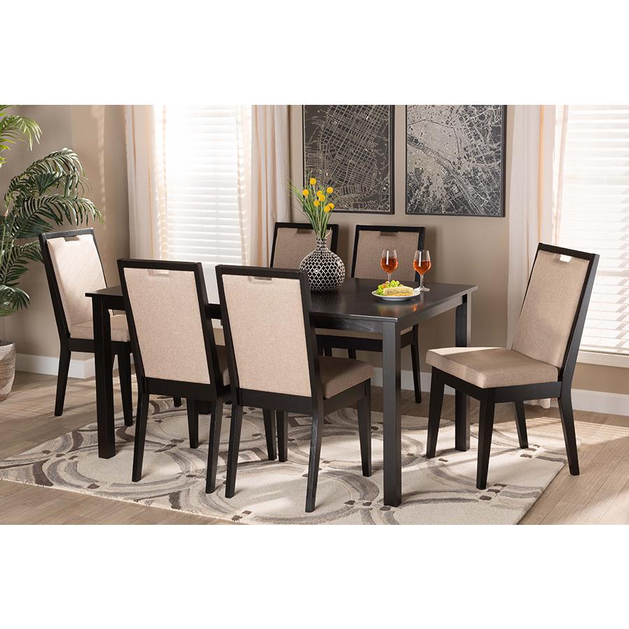 Sand Fabric Upholstered and Dark Brown Finished Wood 7-Piece Dining Set. Picture 21