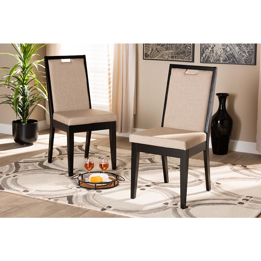 Sand Fabric Upholstered and Dark Brown Finished Wood 2-Piece Dining Chair Set. Picture 19