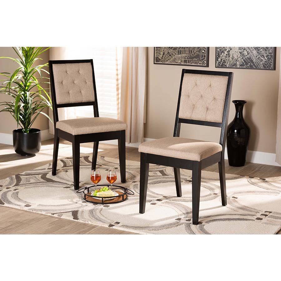 Sand Fabric Upholstered and Dark Brown Finished Wood 2-Piece Dining Chair Set. Picture 19