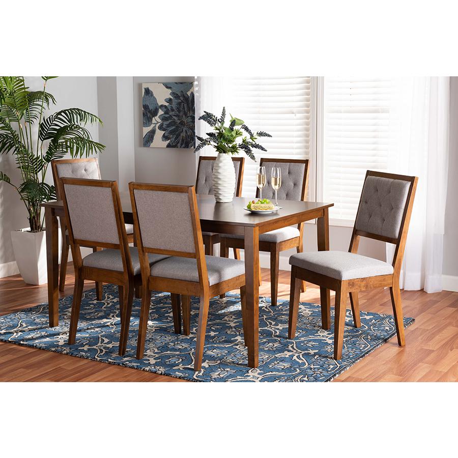 Grey Fabric Upholstered and Walnut Brown Finished Wood 7-Piece Dining Set. Picture 21