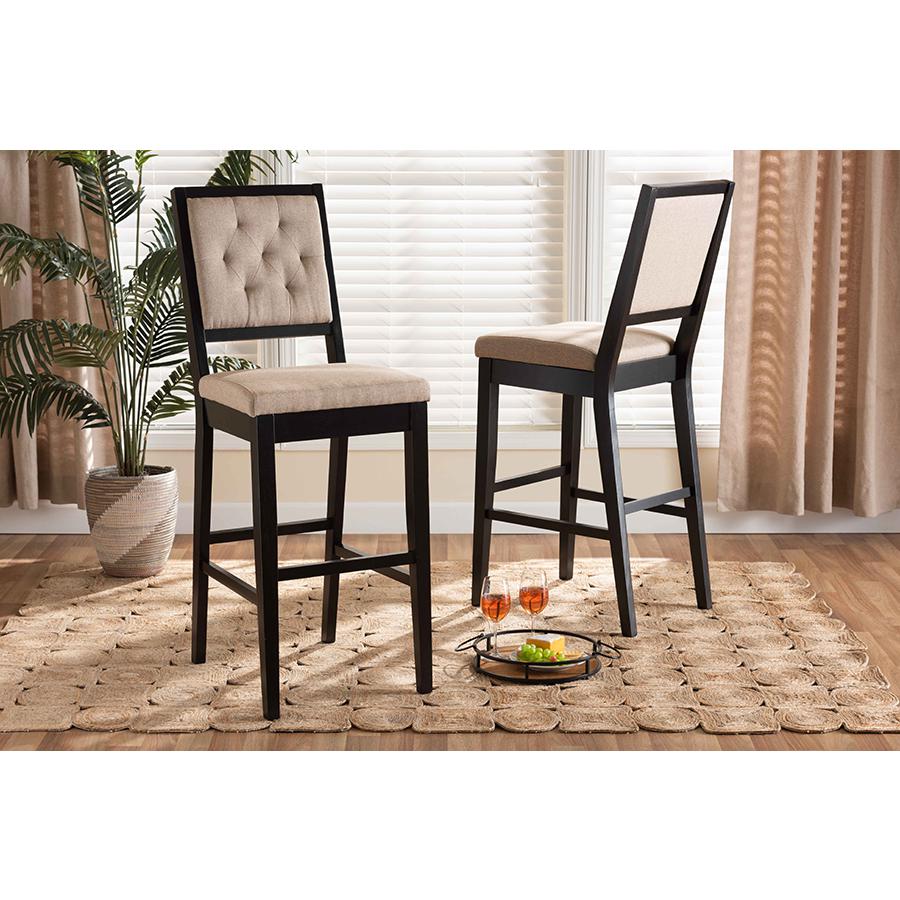 Sand Fabric Upholstered and Dark Brown Finished Wood 2-Piece Bar Stool Set. Picture 19