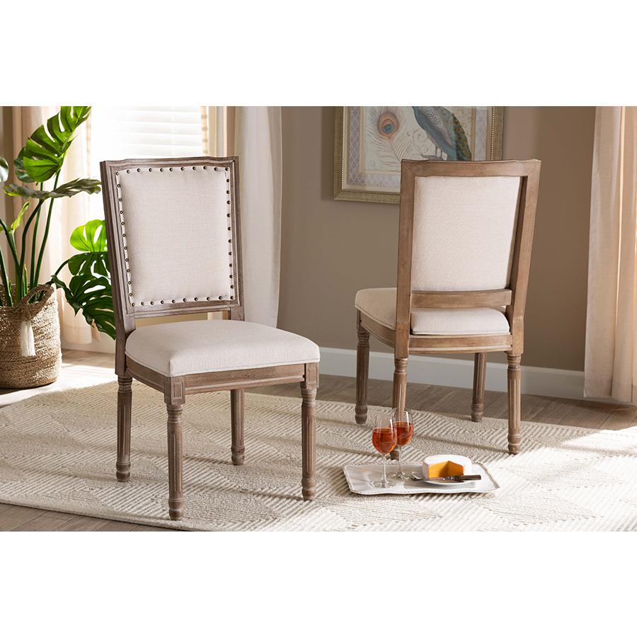 Baxton Studio Louane Traditional French Inspired Beige Fabric Upholstered and Antique Brown Finished Wood 2-Piece Dining Chair Set. Picture 12