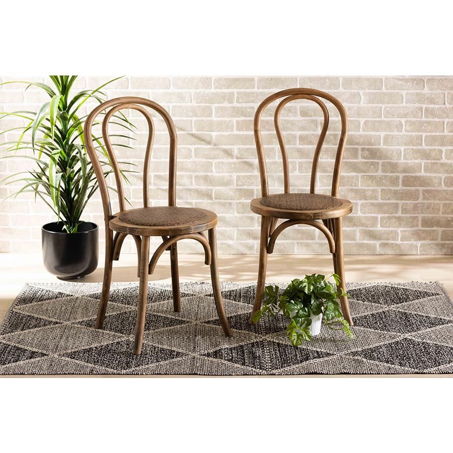 Baxton Studio Dacian Mid-Century Modern Brown Woven Rattan and Walnut Brown Wood 2-Piece Dining Chair Set. Picture 10