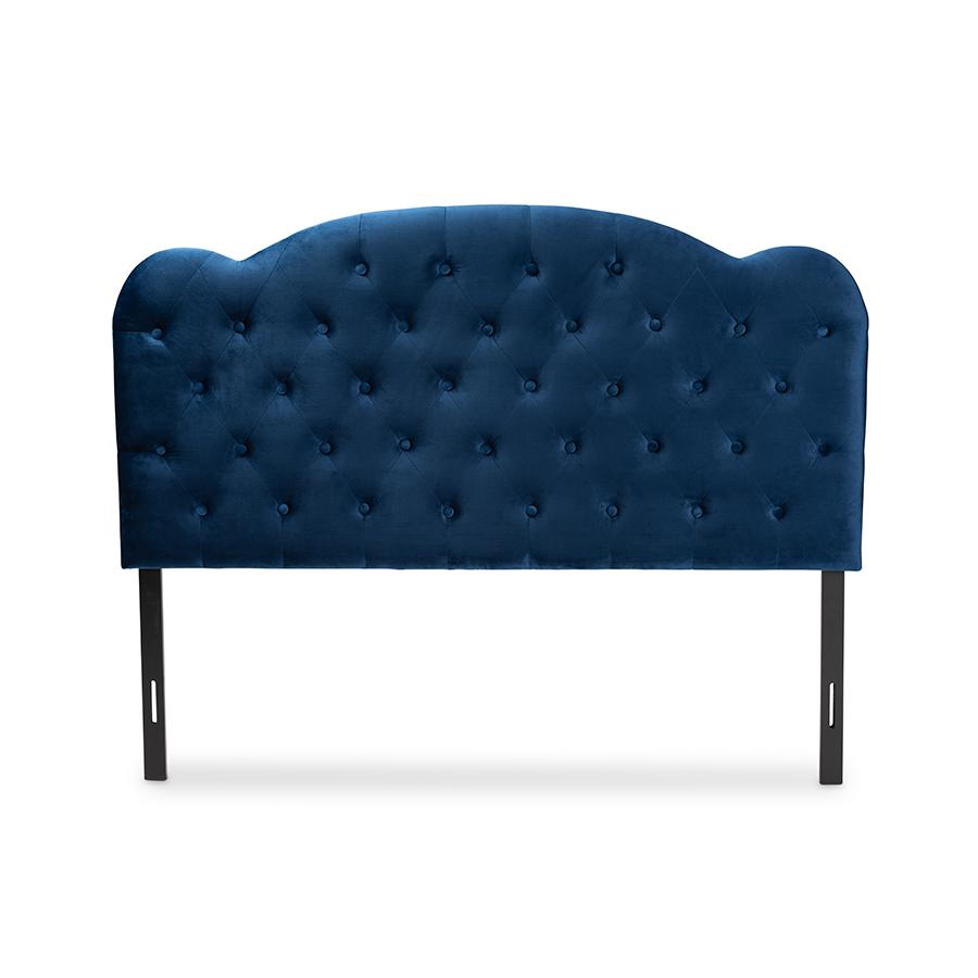 Baxton Studio Clovis Modern and Contemporary Navy Blue Velvet Fabric Upholstered King Size Headboard. Picture 2