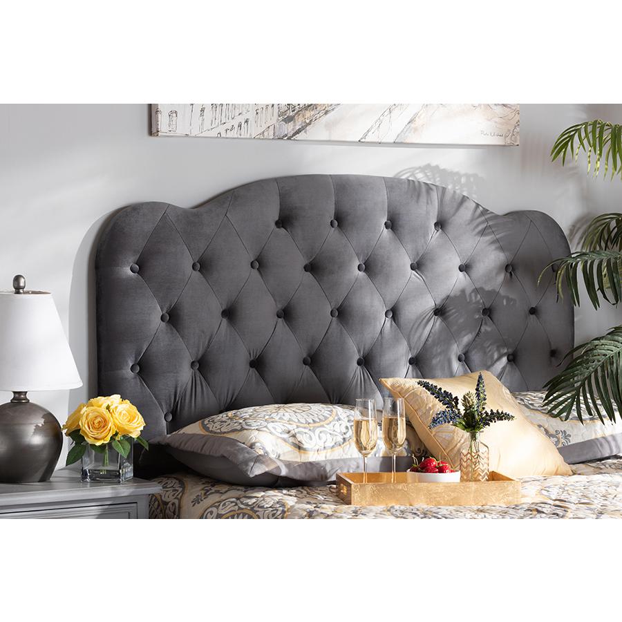 Baxton Studio Clovis Modern and Contemporary Grey Velvet Fabric Upholstered King Size Headboard. Picture 4