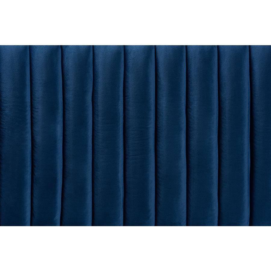 Navy Blue Velvet and Dark Brown Finished Wood King Size Headboard. Picture 3
