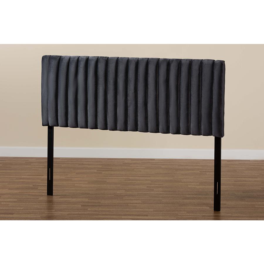 Grey Velvet Fabric Upholstered and Dark Brown Finished Wood King Size Headboard. Picture 5
