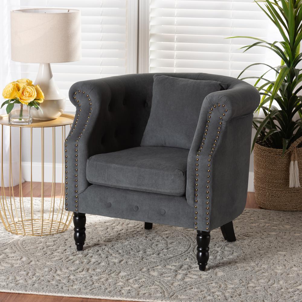 Baxton Studio Renessa Classic and Traditional Grey Velvet Fabric Upholstered and Dark Brown Finished Wood Armchair. Picture 14