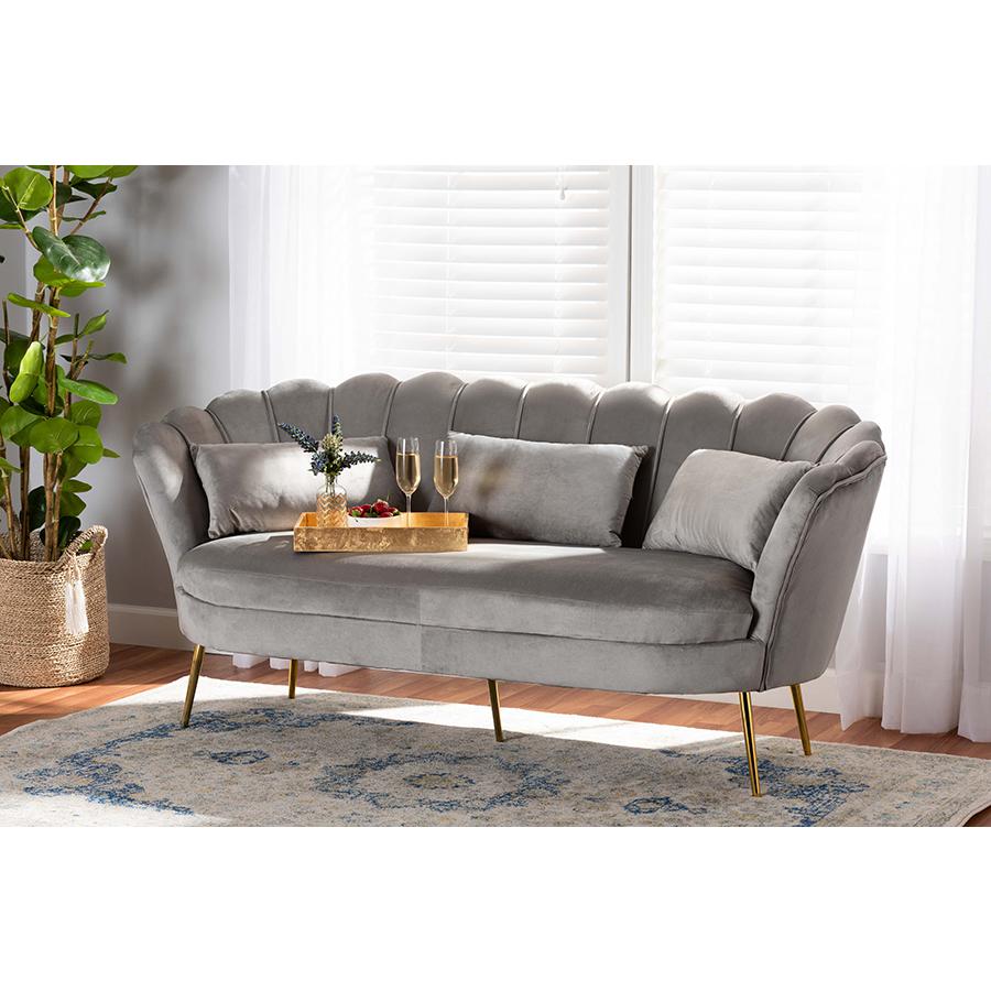 Glam and Luxe Grey Velvet Fabric Upholstered and Gold Metal Sofa. Picture 21