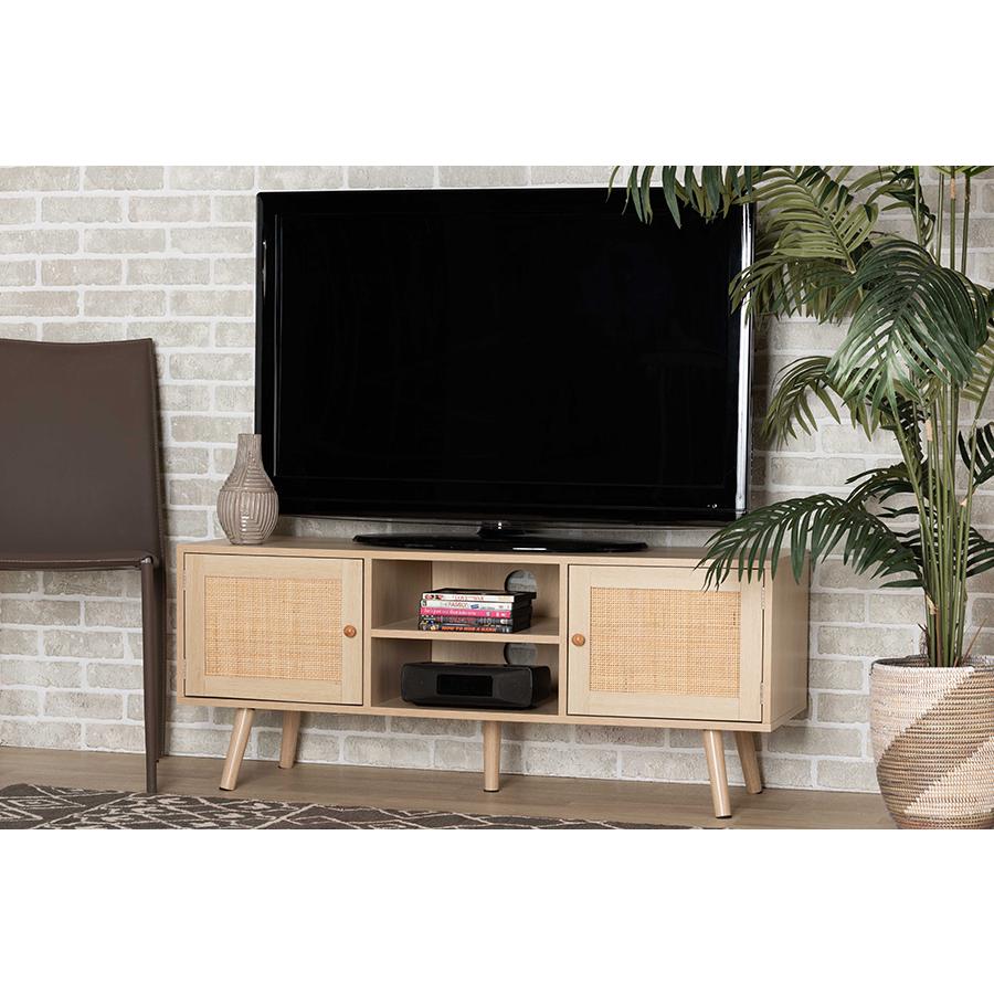 Light Brown Finished Wood 2-Door TV Stand with Natural Rattan. Picture 21