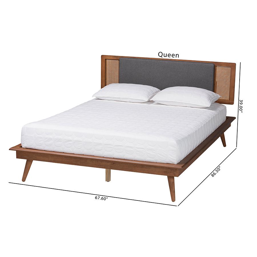 Dark Grey Fabric and Walnut Brown Finished Wood Queen Size Platform Bed. Picture 10