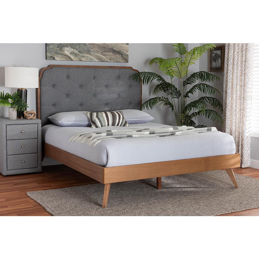 Grey Fabric and Walnut Brown Wood Queen Size Platform Bed. Picture 23